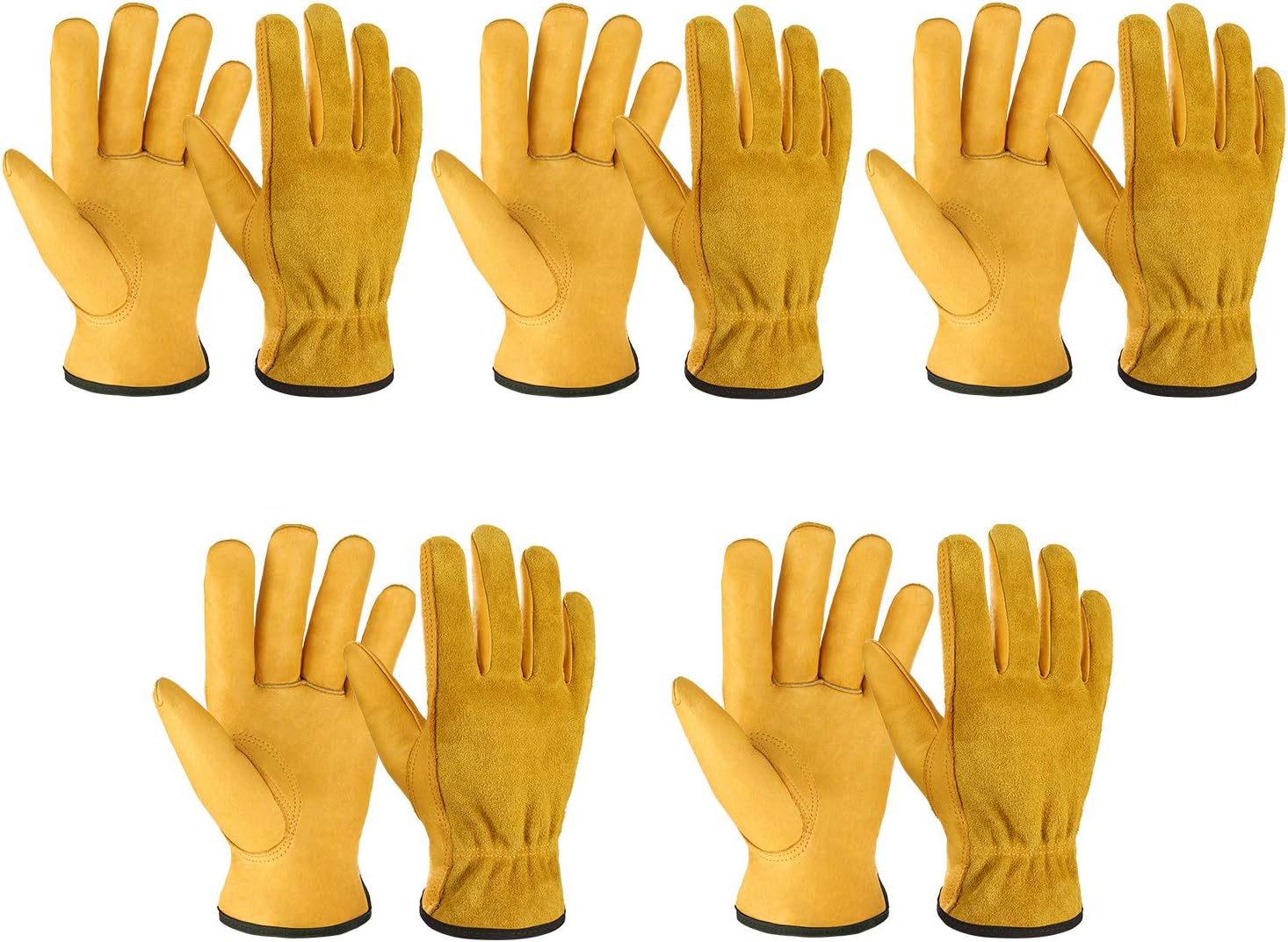 OZERO 5Pair Leather Work Gloves Cowhide Garden Glove for Wood Cutting/Yard Gold,Large
