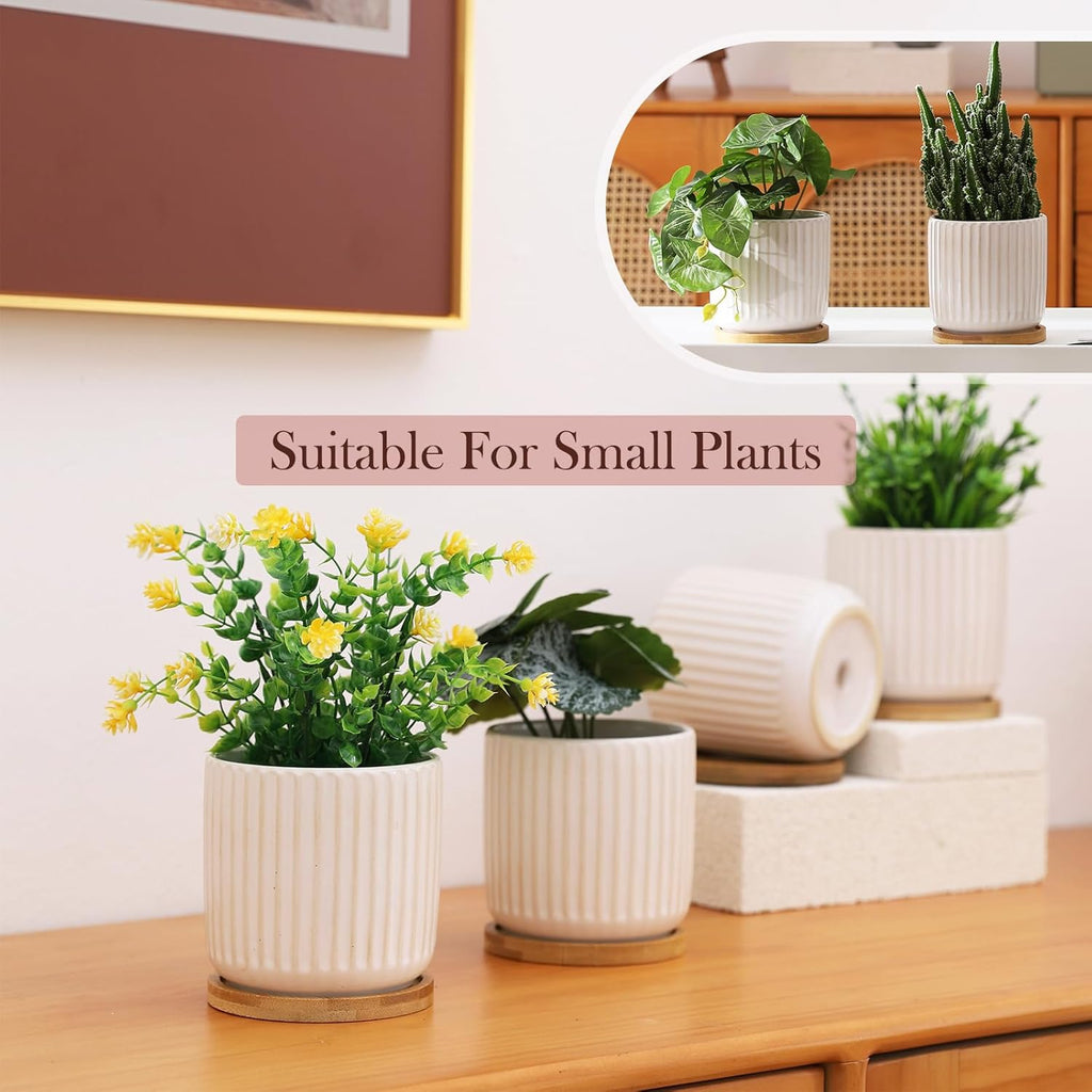 OMAYKEY 4 Inch Ceramic Plant Pot with Saucer, Creative Stripe Small Planters Pots with Drainage Hole and Mesh Pads for Succulent, Cactus, Herbs, White - Set of 4