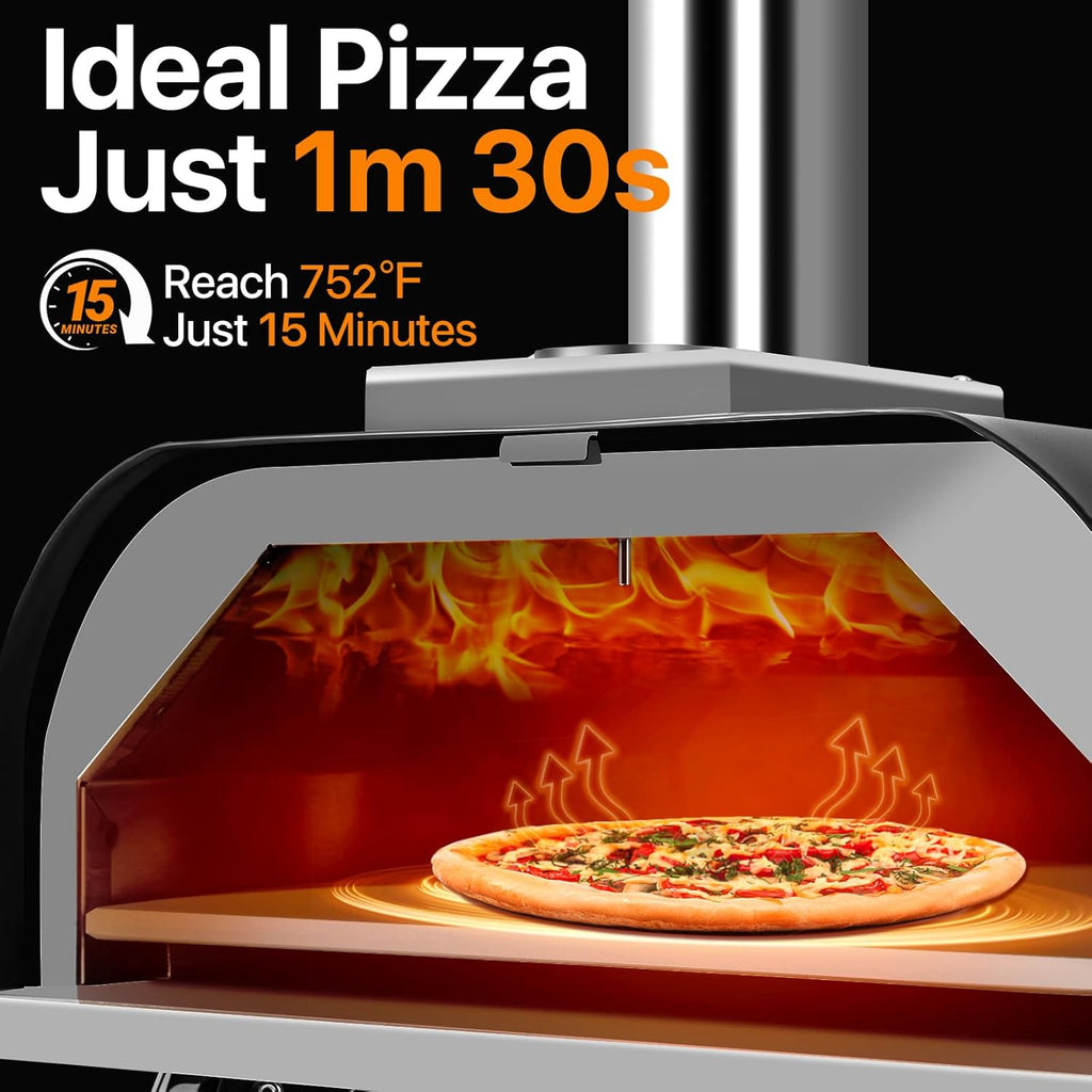 Pizza Oven 13 Inch Outdoor Wood Fired Portable Stainless Steel Pizza Oven with Pizza Stone for Family Outside Cooking Camping Backyard BBQ Pizza Maker Garden Kitchen(black13IN)
