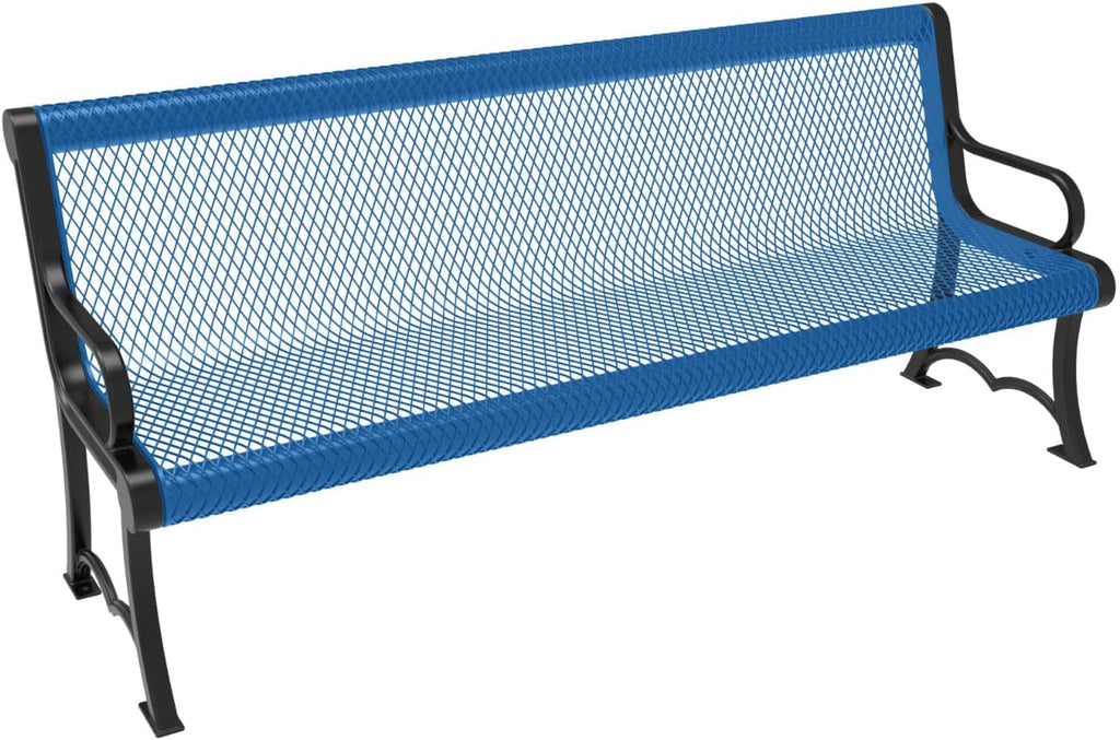 Heavy-Duty Outdoor Bench Thermoplastic Coated, Expanded Metal, Commercial-Grade Garden Bench, Made in America (Portable with Back, 6 Ft, Textured Light Blue)