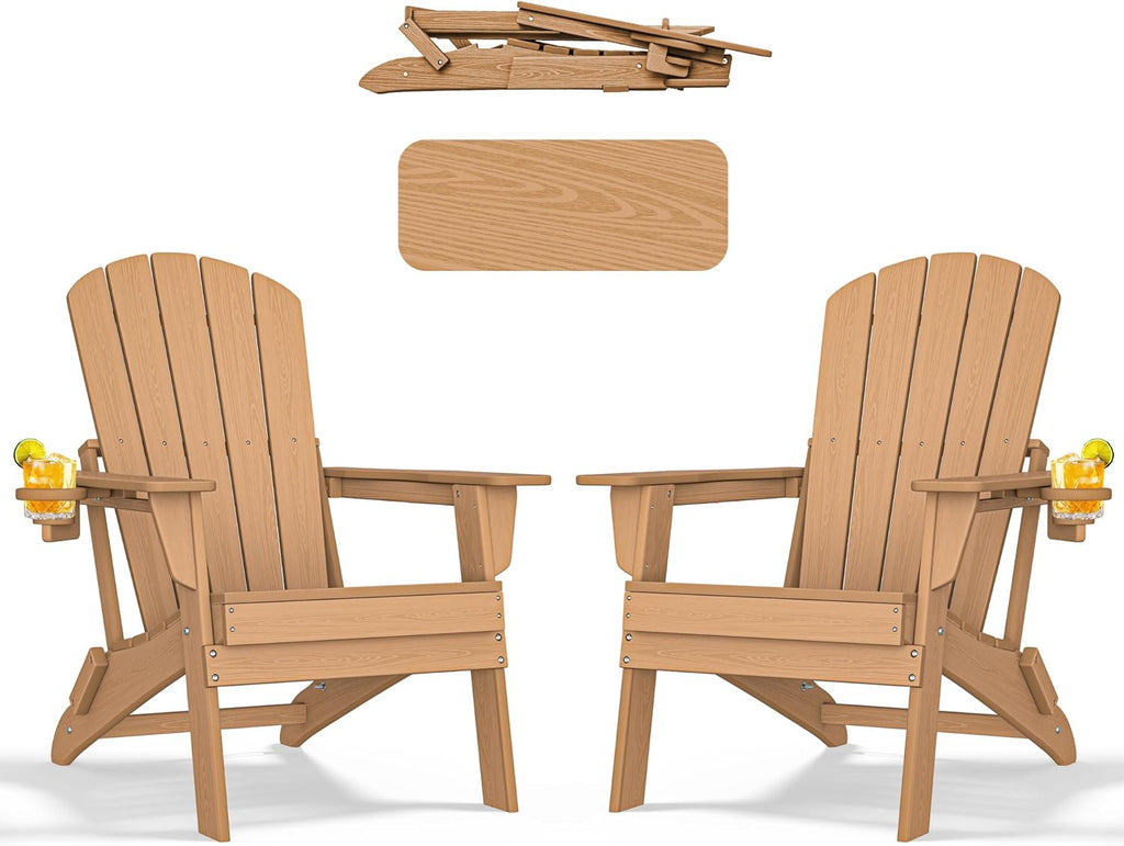Folding Adirondack Chair - Extended Ergonomic Backrest, Cup Holder - Easy Assembly - Durable HDPE Plastic, Weather Resistant & Maintenance-Free - Lawn, Patio, Deck Supports 380lbs Teak