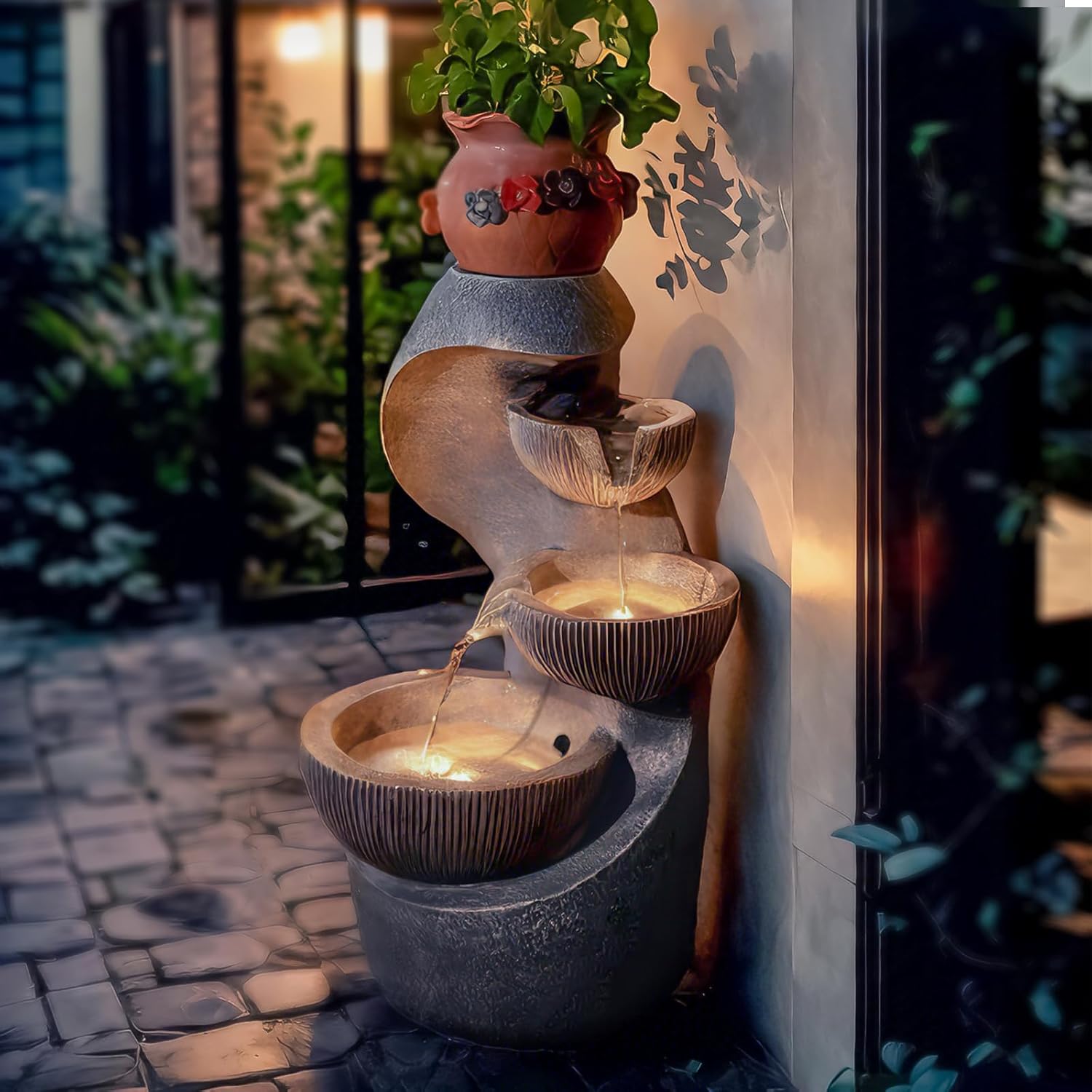 20" H Outdoor Water Fountain, Modern Outdoor Garden Fountains with LED Lighted for Garden, Patio, Deck, Backyard and Home Art Decor