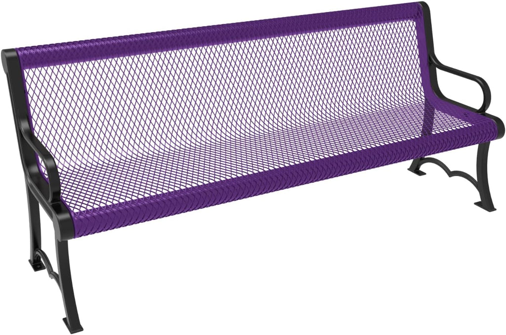 Coated Outdoor Furniture Heavy-Duty Outdoor Bench Thermoplastic Coated, Expanded Metal, Commercial-Grade Garden Bench, Made in America (Portable with Back, 6 Ft, Purple)