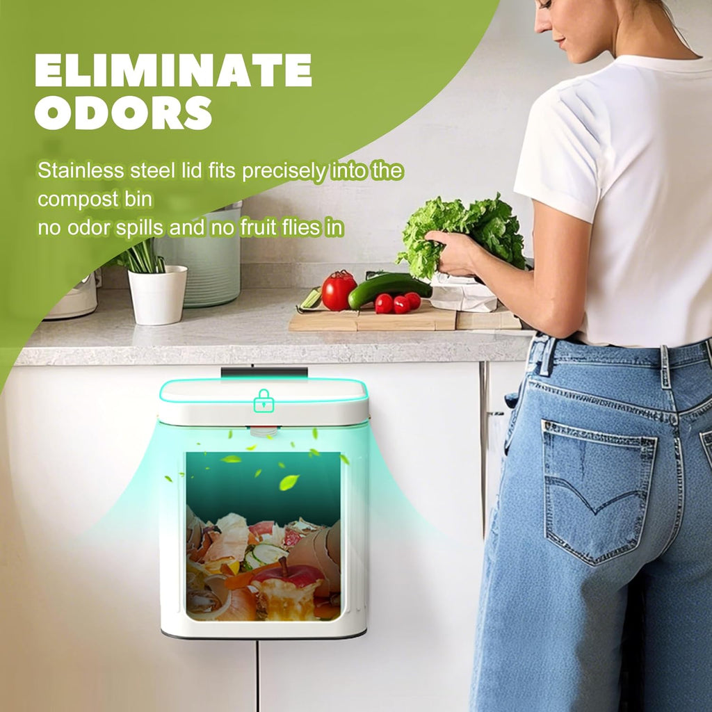 GloDeals Kitchen Trash Can with Lid, 2 in 1 Small Garbage Can Compost Bin Countertop, Wall-Mounted Under Sink Indoor Trash Bin for Kitchen, Bathroom, Cabinet Trash Can Hanging (4L, White/1.05 Gal)