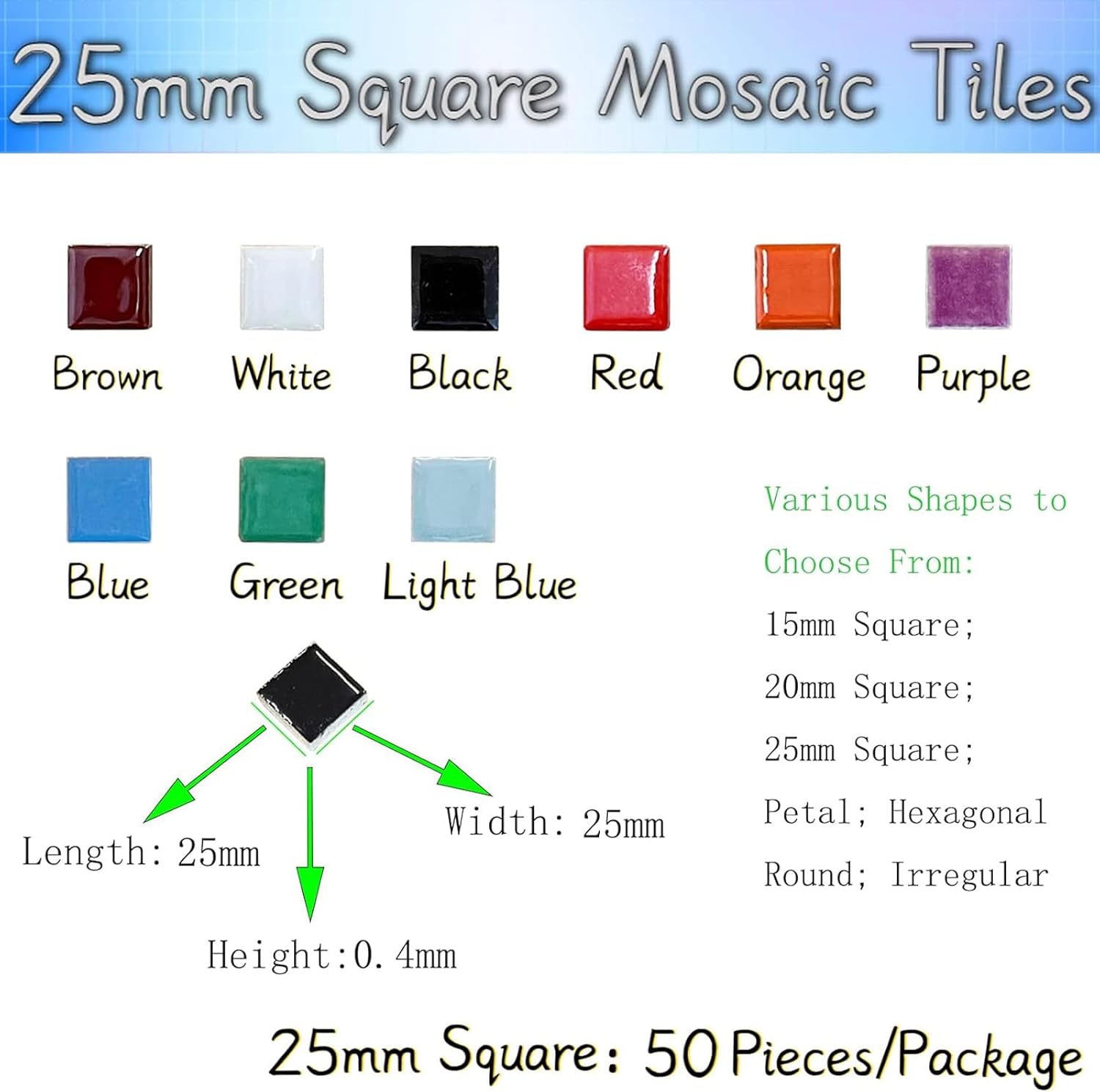 50 Pieces Blue Mosaic Tiles for Crafts 1" Ceramic Tiles Assorted Colors Square Ceramic Mosaic Project Supplies for Photo Frame Mosaic Stepping Stones Bath Old Pool Furniture Decor