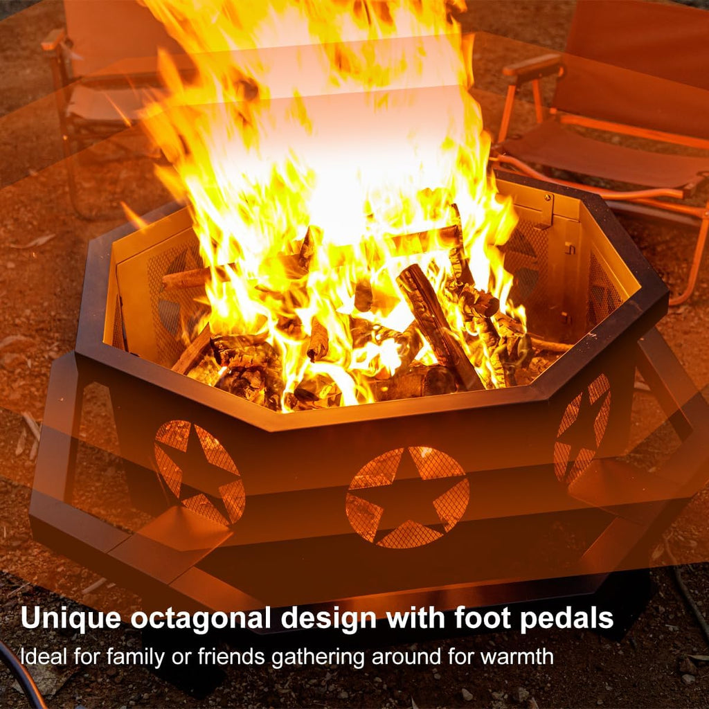 42 inch Fire Pit for Outside, Heavy Duty Wood Burning Fire Pits with Fire Poker, Outdoor Octagonal Firepit for Camping, Yard, Patio