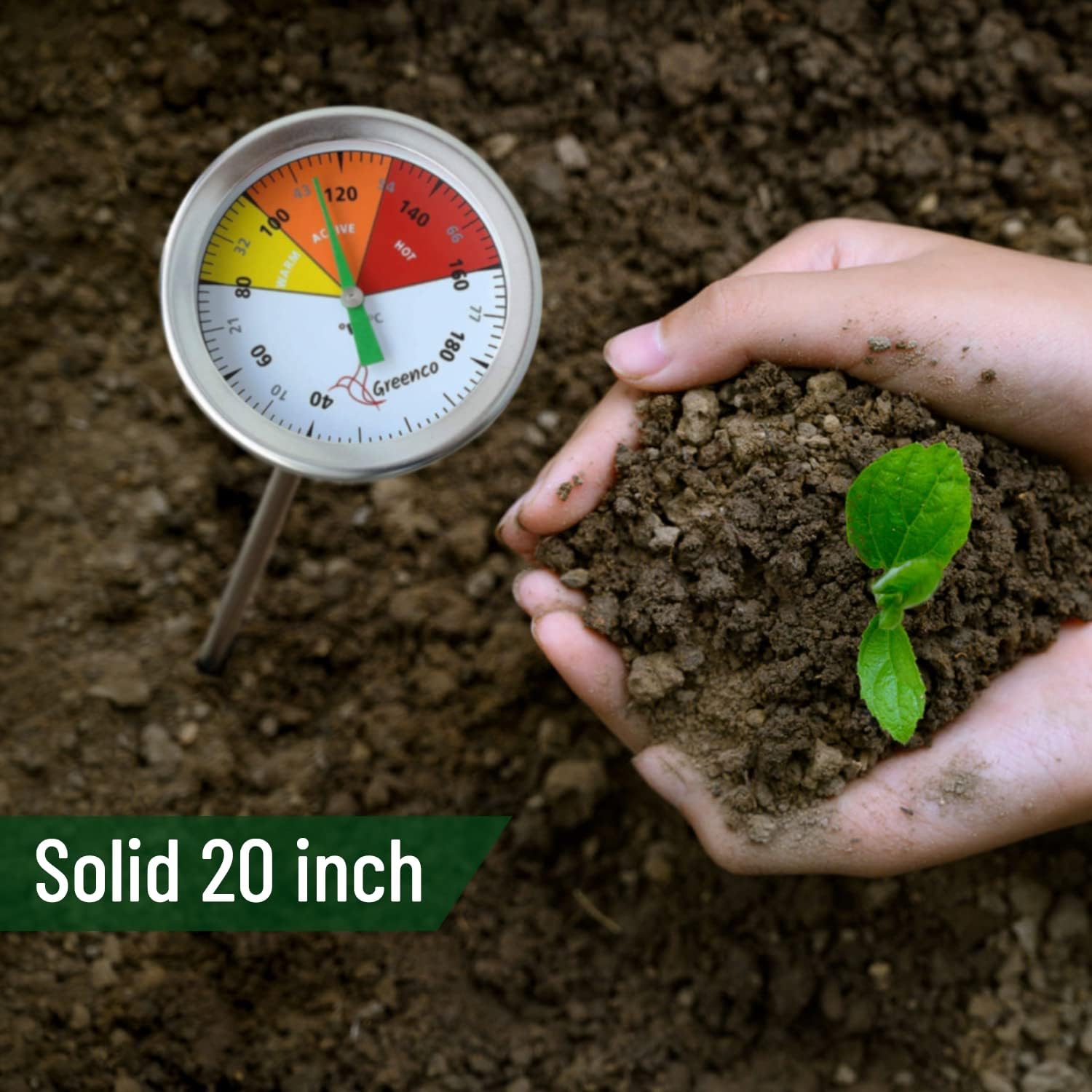 Compost Soil Thermometer by Greenco, Stainless Steel, Celsius and Fahrenheit Temperature Dial, 20 inch Stem