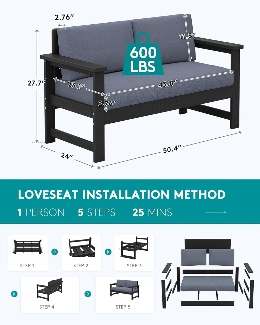 SERWALL Black HDPE Outdoor Loveseat with Grey Cushions, All Weather Use Outdoor Loveseat Sofa, Black Frame with Grey Cushions