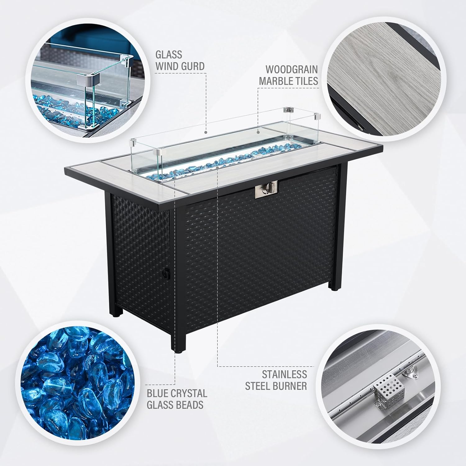Rattaner 45 Inch Fire Table for Outside 60000 BTU Steel Gas Pit Outdoor with Woodgrain Marble Tabletop Glass Wind Guard Cover and Blue Crystal Beads