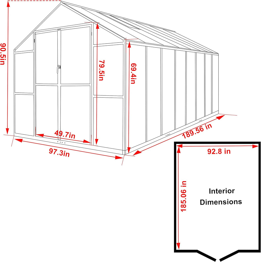 8x16 FT Polycarbonate Aluminum Greenhouse Kit, Outdoor Walk-in Green House with Adjustable Roof Vents and Lockable Door, Backyard Garden in Winter, Gray