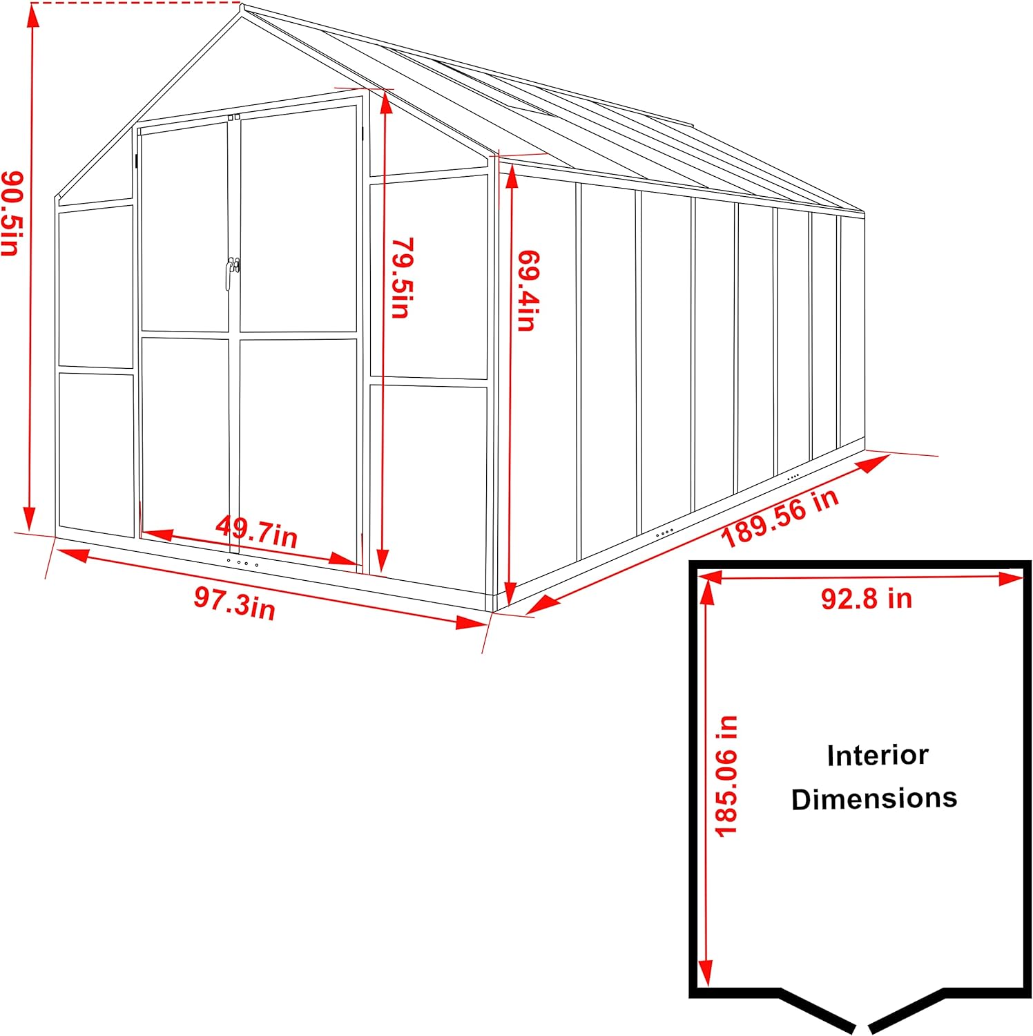 8x16 FT Polycarbonate Aluminum Greenhouse Kit, Outdoor Walk-in Green House with Adjustable Roof Vents and Lockable Door, Backyard Garden in Winter, Gray