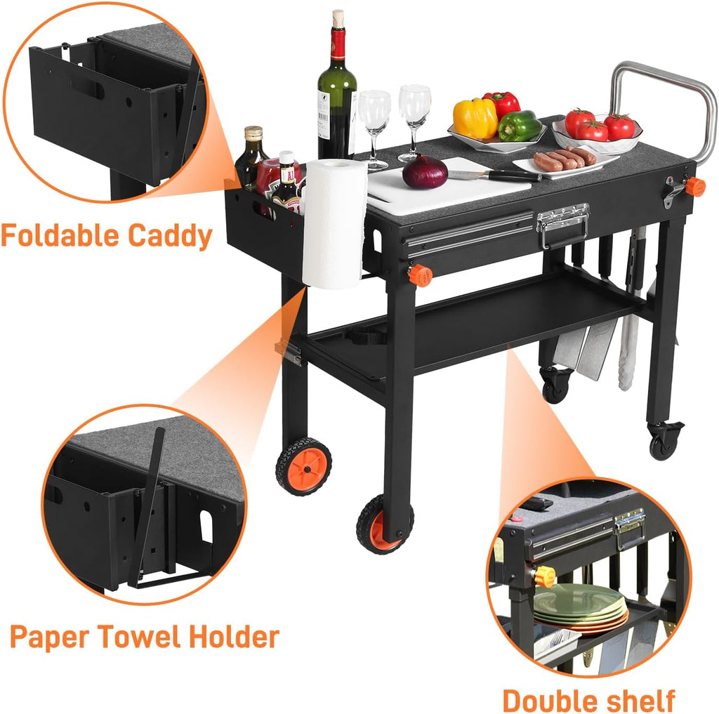 Outdoor Portable Grill Table Stand - Folding Prep Stand for 17" or 22" Blackstone Griddle, Large Space Blackstone Table with Wheels, Pizza Oven Cart for Ninja, Patio Grilling Backyard BBQ Grill Cart.
