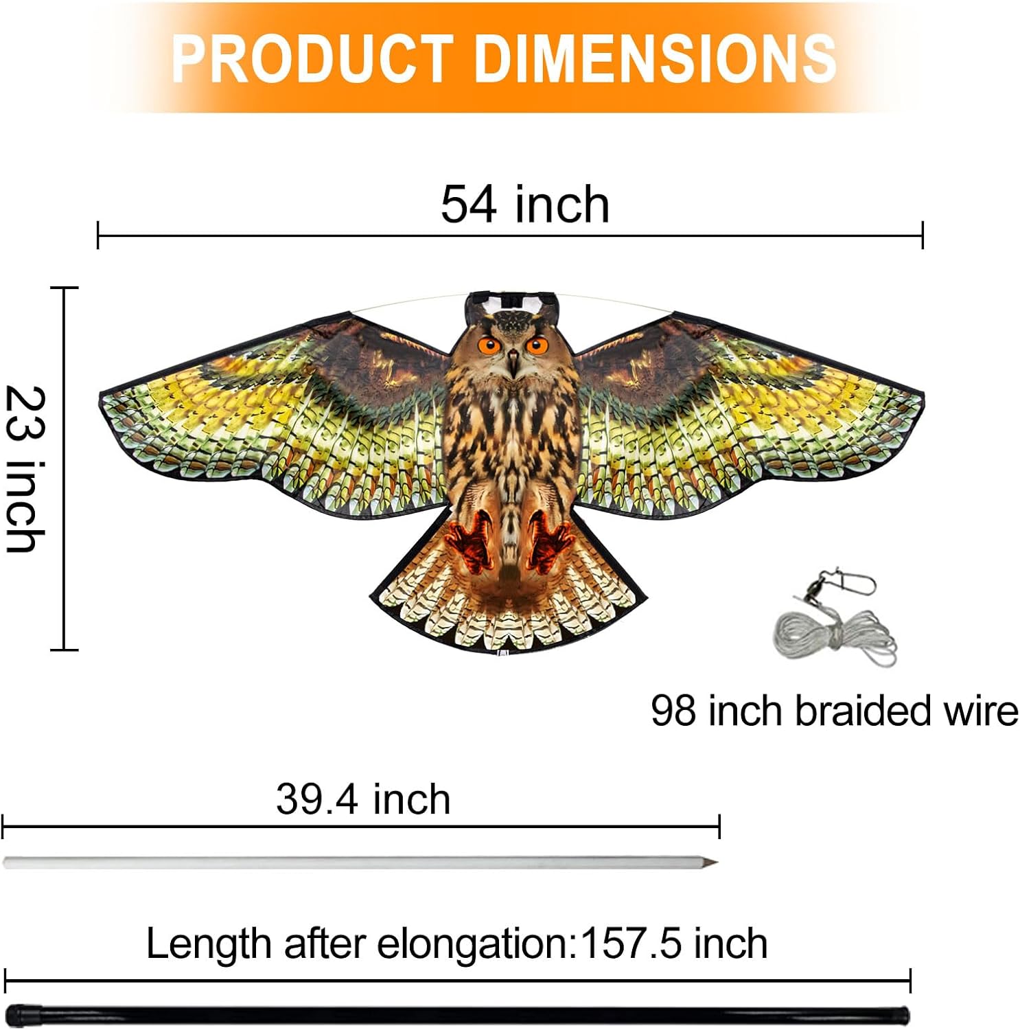 Bird Hawk Flying Kite with Pole Crop Protector Bird Scare Kites with 4m Pole - Owl Kite