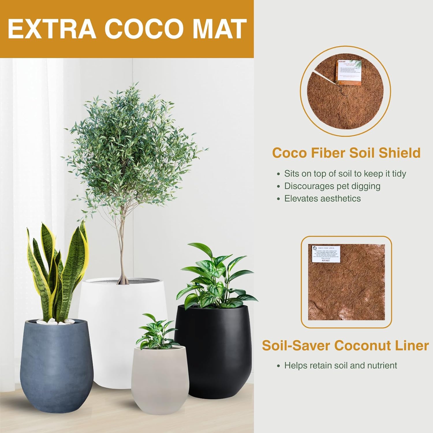 21" H x 19" D Corso Fiberstone Round Tapered Planter with Drainage Hole, Smooth Finishes, for Indoor and Outdoor Use, Included 2 Extra Coco Mats (White, 15" Pot Opening)