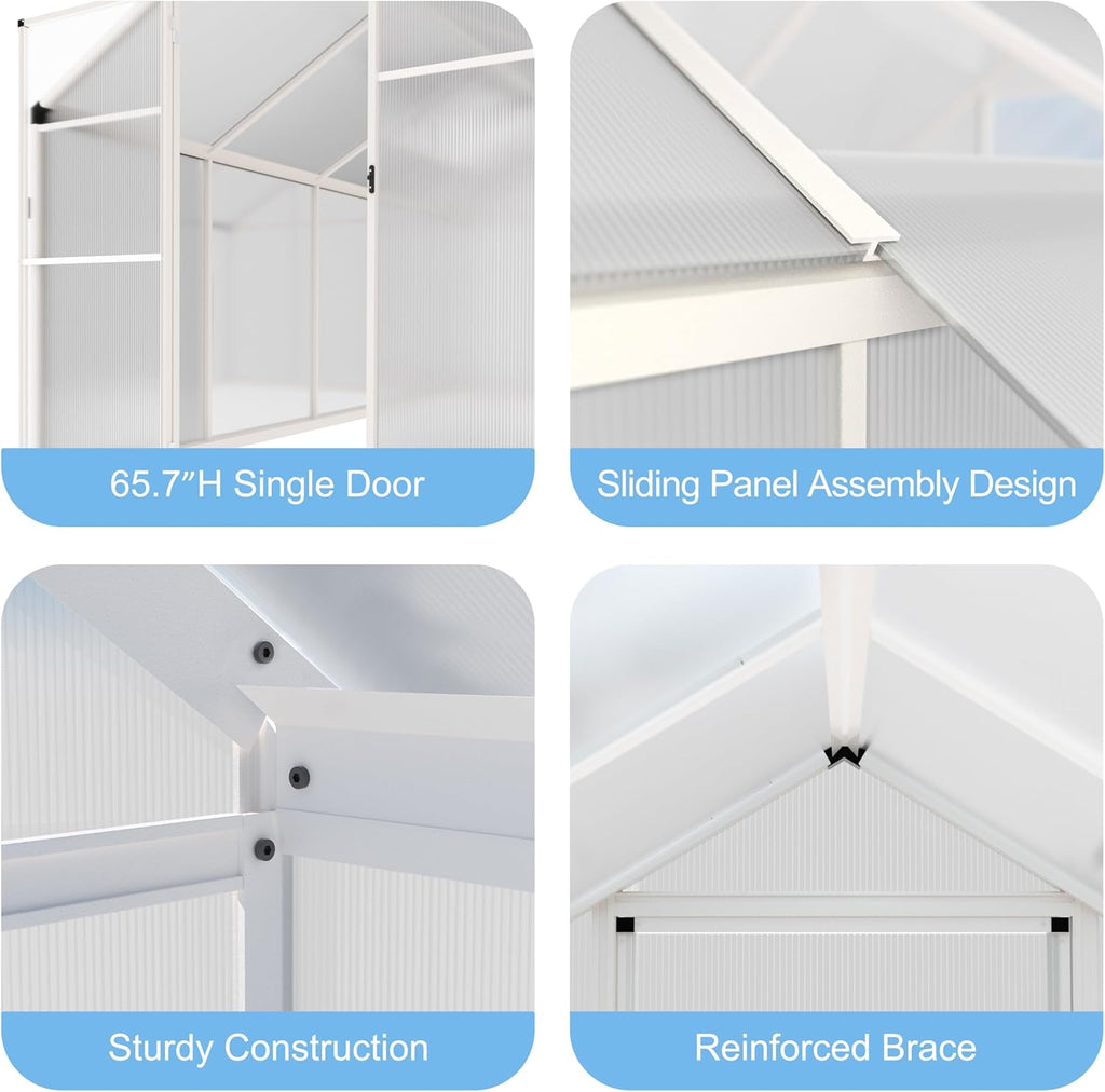 6' x10' Double-Wall Polycarbonate Aluminum Greenhouse Kit for Outdoor, Walk-in Greenhouse with Lockable Door and Adjustable Roof Vent, Backyard Garden in Winter, White
