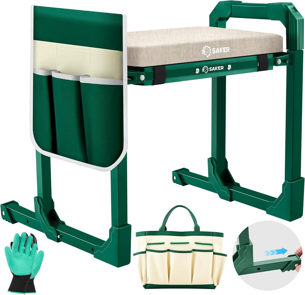 Saker Garden Kneeler and Seat Foldable Gardening Stool with Extendable Legs & Thickened Pad, Tool/Storage Bag, Heavy Duty Support for Elderly, Gardening, Outdoor Use