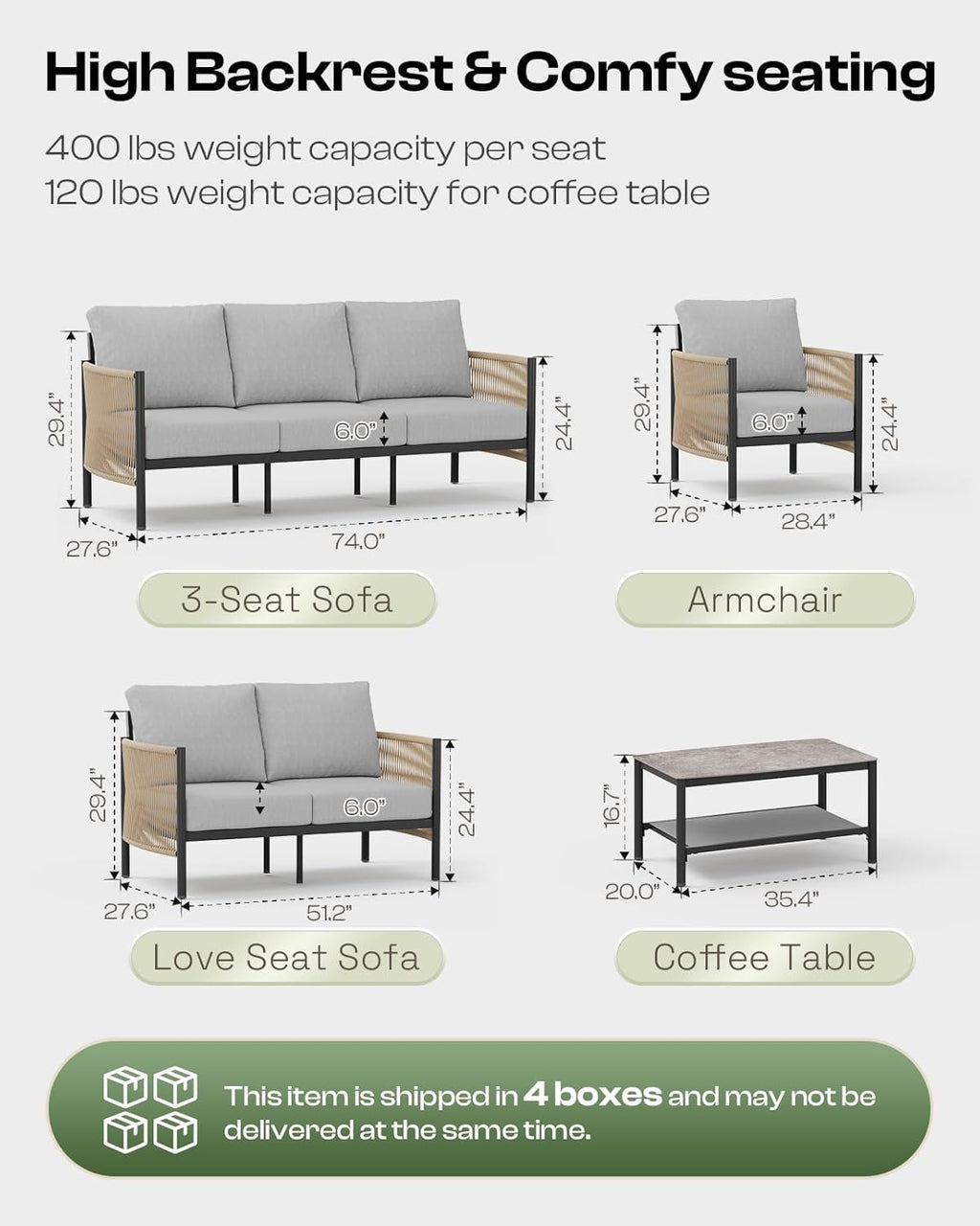Aluminum Outdoor Sofa Armchair, HDPE Rope Patio Couch with Washable Thick Cushion, All-Weather Outdoor Patio Chairs Set of 2 for Balcony, Yard, Gray Frame, Gray