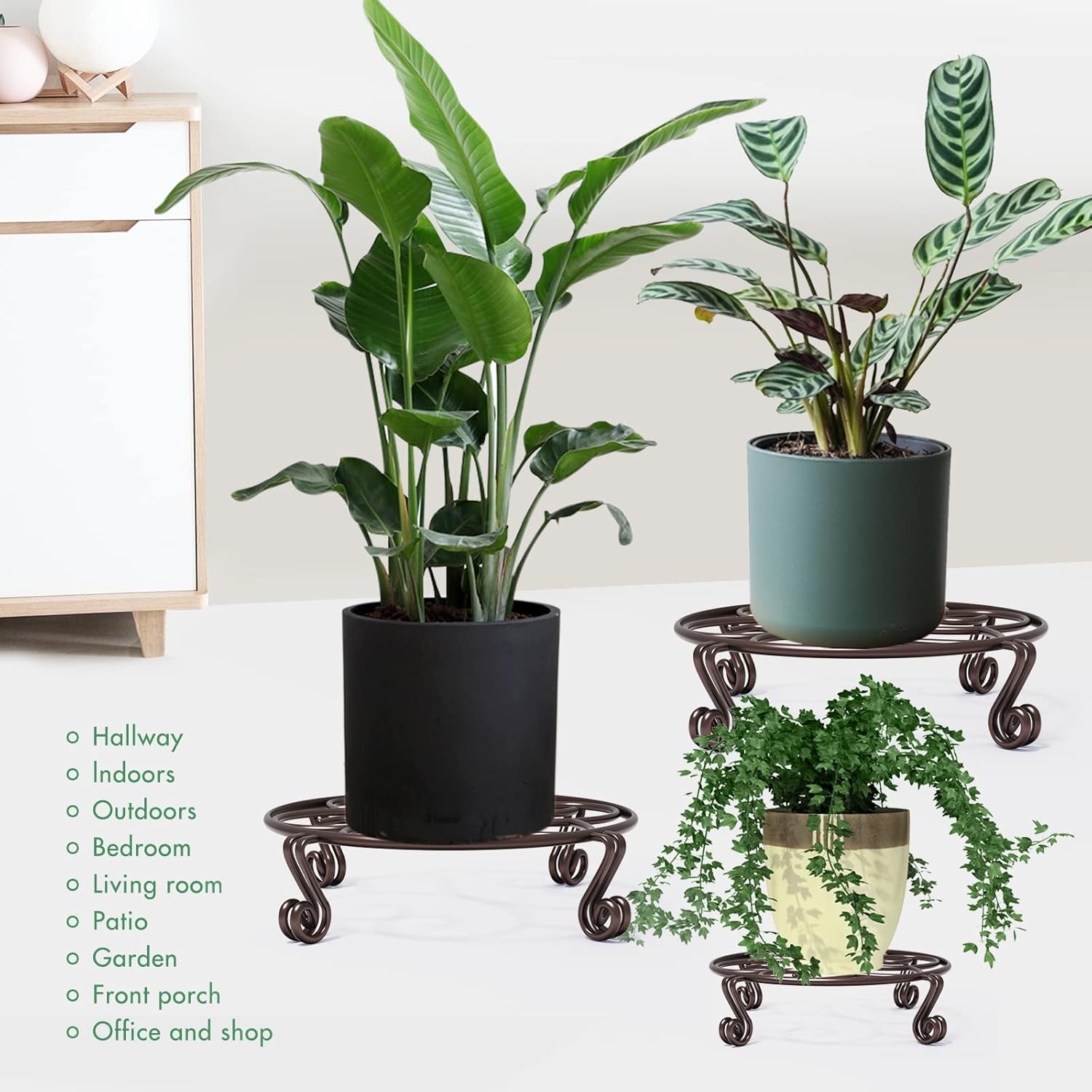 Yimobra 4 Pack Plant Stand for Flower Pot Heavy Duty Potted Holder Indoor Outdoor Metal Rustproof Iron Garden Container Round Supports Rack for Planter (4PC Brown 9.4 x 2 IN)