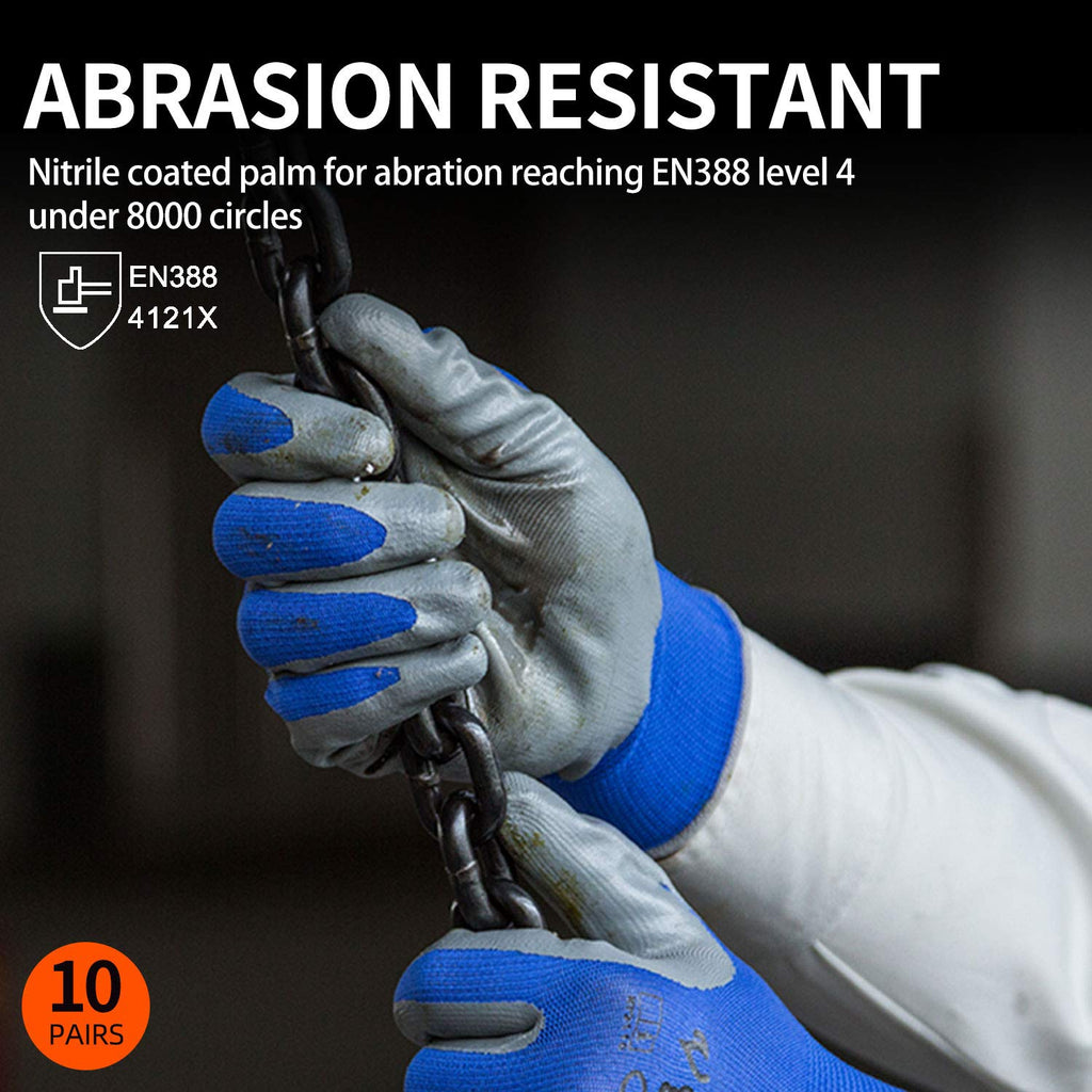Vgo... 10-Pairs Safety Work Gloves, Gardening Gloves, Non-slip Nitrile coating, Dipping Gloves (Size L, Blue, NT2110)