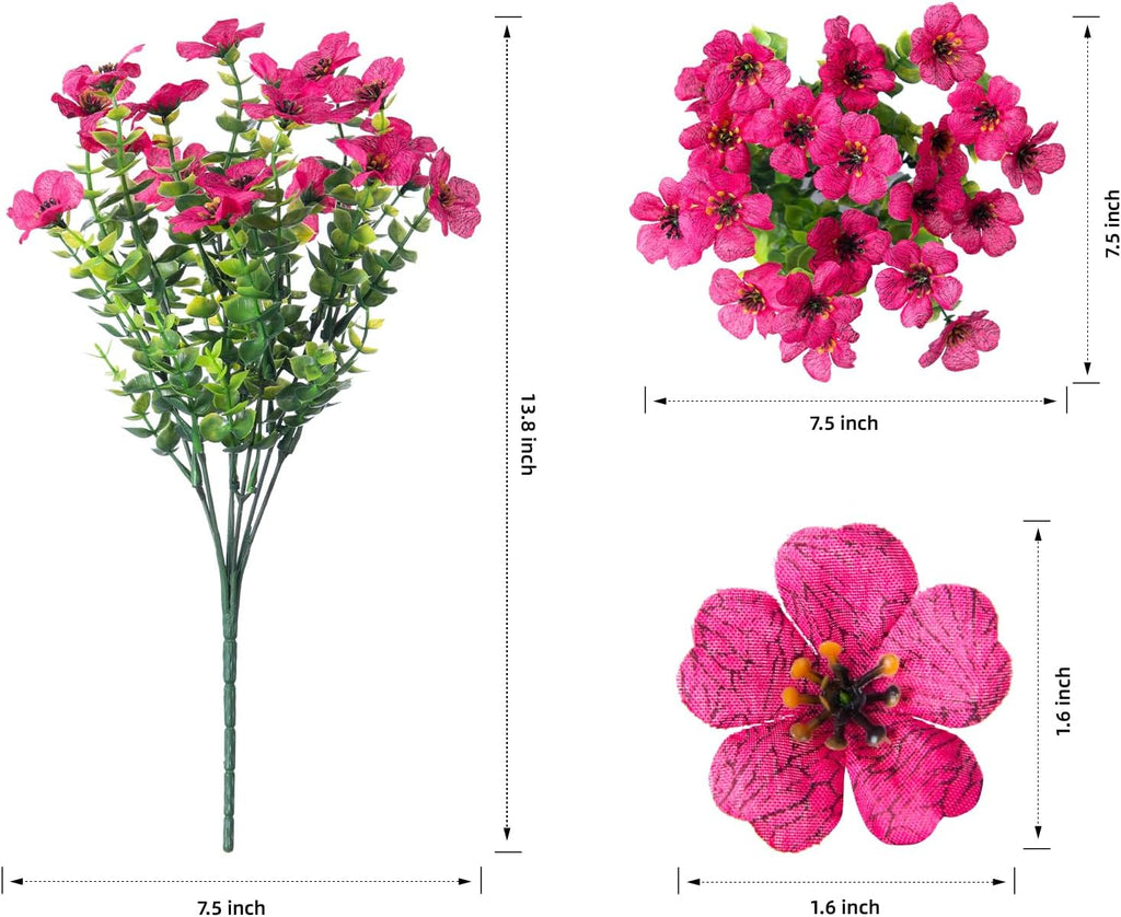Artificial Flowers for Outdoor Indoor Garden Home Decoration, Faux Flower Daisy with Eucalyptus Leaves Fake Plants Greenery Boxwood Porch Patio, 12 Bundles (Rose Red)