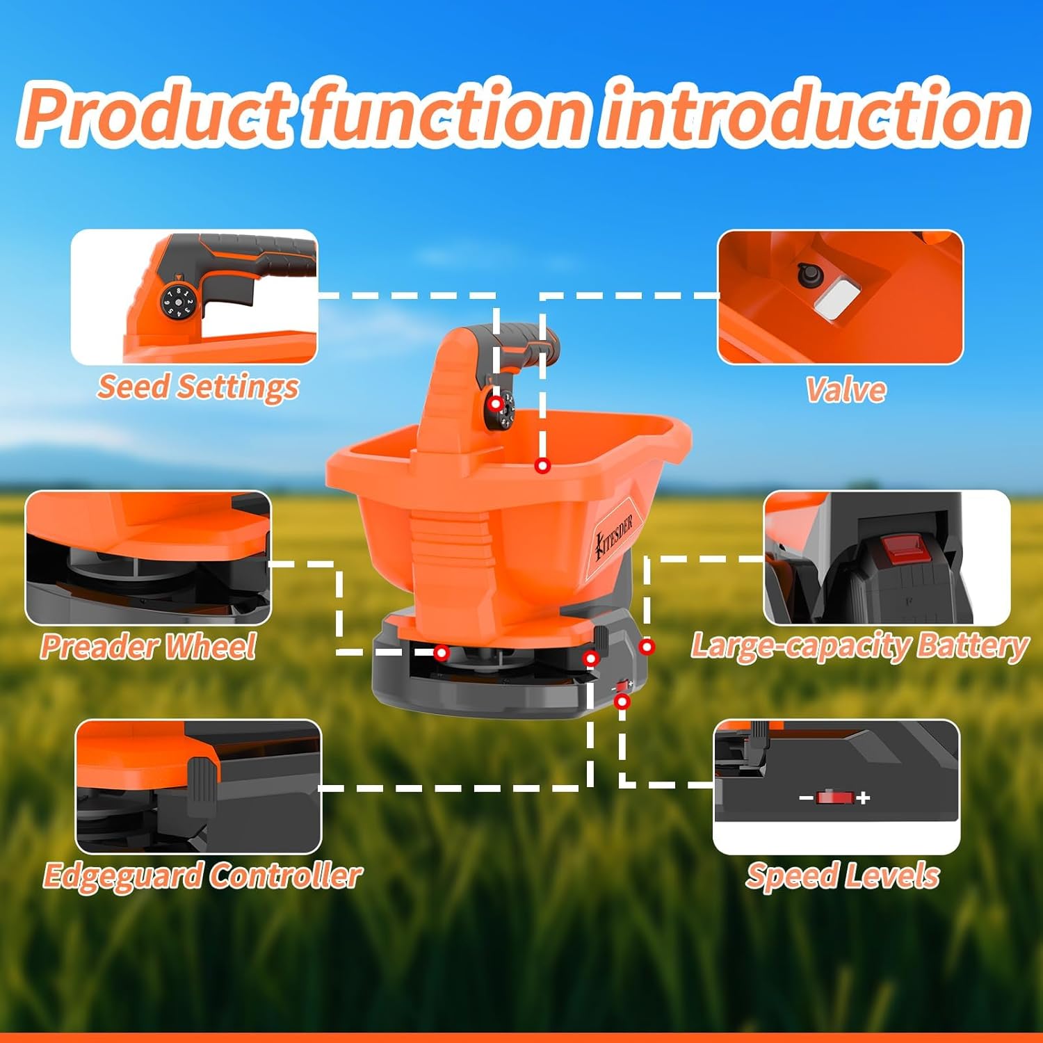 Battery Powered Seed Spreader, Fertilizer Spreader, Lightweight, Spreaders for Lawns, Broadcast Spreader, 8 Seed Settings & 6 Speed Levels, Spreader for Grass Seed, Fertilizer & Ice Melt