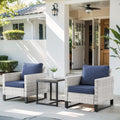 HUMMUH 3PCS Outdoor Chairs PE Wicker Patio Chairs and Side Table Metal Frame Porch Chairs with 4 inch Seat Blue Cushions