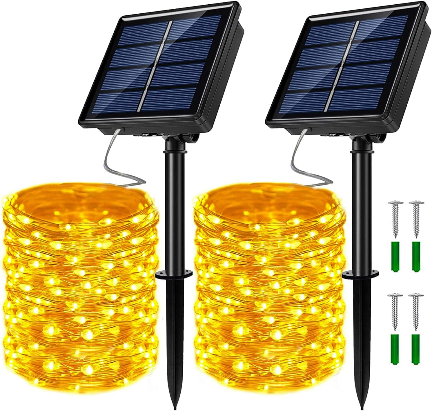 2 Pack Solar Powered Fairy String Lights Outdoor Waterproof 8 Modes Twinkle Christmas Decorations Lights, Each 33ft-100LED, 40ft-120LED, 66ft-200LED, 80ft-240LED, (Warm White, 66)