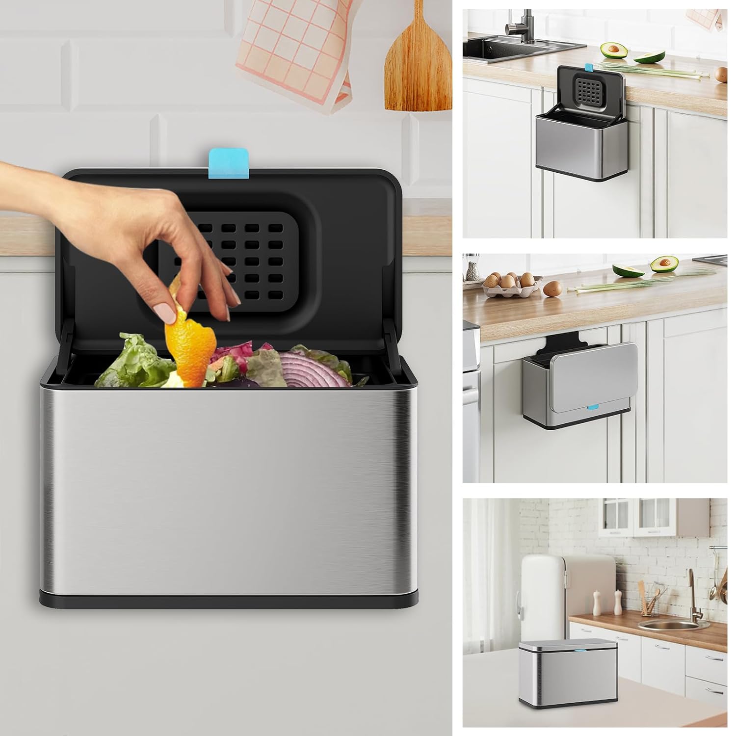 Stainless Steel Hanging Trash Can with Lid and Inner Bucket, 1 Gallon Kitchen Compost Bin for Counter Top, Under Sink or Wall Mount, Small Garbage Can for Cupboard/Bathroom/Bedroom/RV