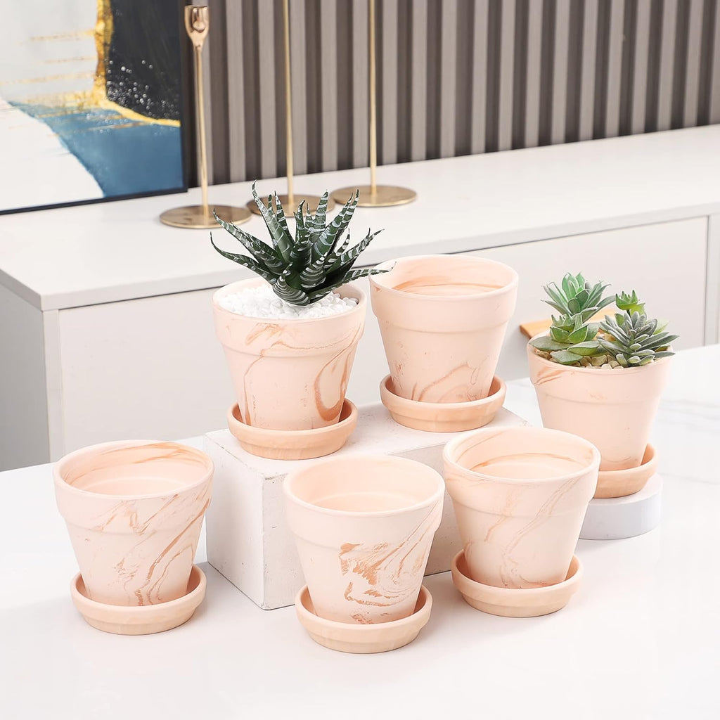 Terra Cotta Pots with Saucer - 6-Pack Small Terracotta 4'' Clay Ceramic Planter Great for Cacti & Succulents with Drainage Hole