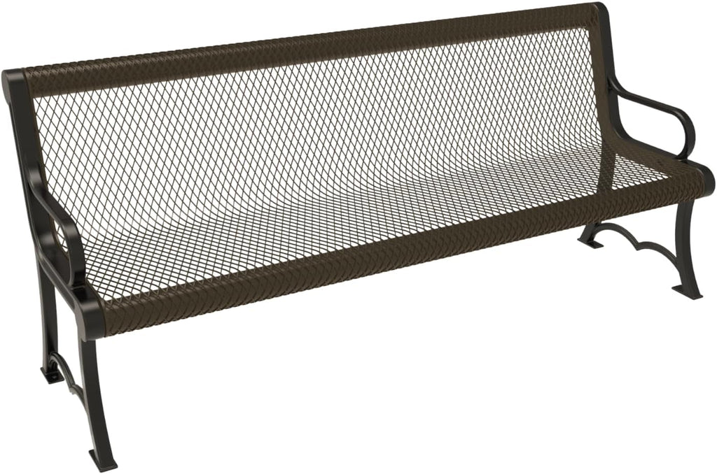 Heavy-Duty Outdoor Bench Thermoplastic Coated, Expanded Metal, Commercial-Grade Garden Bench, Made in America (Portable with Back, 6 Ft, Textured Brown)