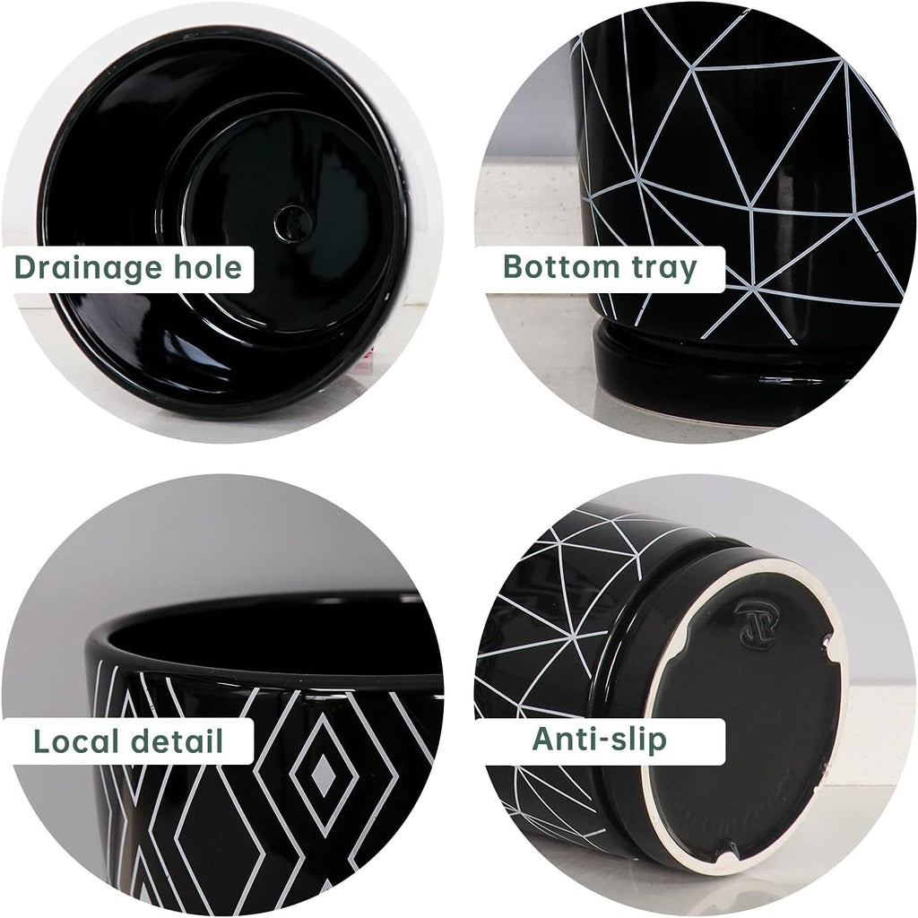 Ton Sin Flower Pots,5.5 Inch Black Ceramic Planter with Drainage Hole,Indoor Cylinder Plant Pots with Saucer,Cactus Succulent Outdoor Garden Pots Set of 4
