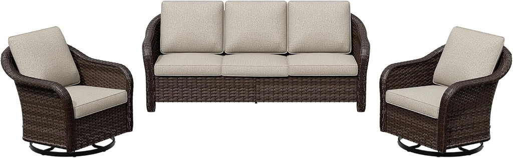 3 Pieces Patio Conversation Set, 78" Wicker 2-Seat Couch with Washable Cushions, Wicker 360 Degree Swivel Glider Rocker Chairs, Sofa for Garden, Lawn (Beige)