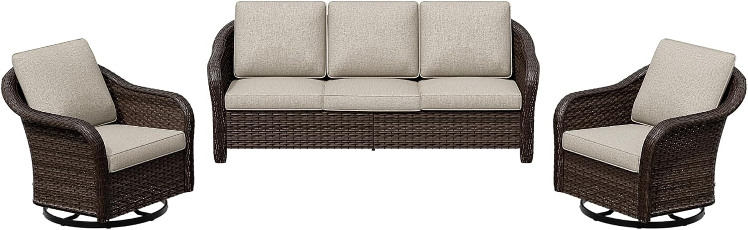 3 Pieces Patio Conversation Set, 78" Wicker 2-Seat Couch with Washable Cushions, Wicker 360 Degree Swivel Glider Rocker Chairs, Sofa for Garden, Lawn (Beige)