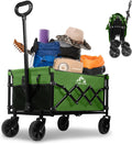 Collapsible Wagon 352LBS Capacity, Foldable Large Carts, Heavy Duty Outdoor Folding Cart with All-Terrain Wheels, Utility Garden Beach Wagon with Storage Bag Green
