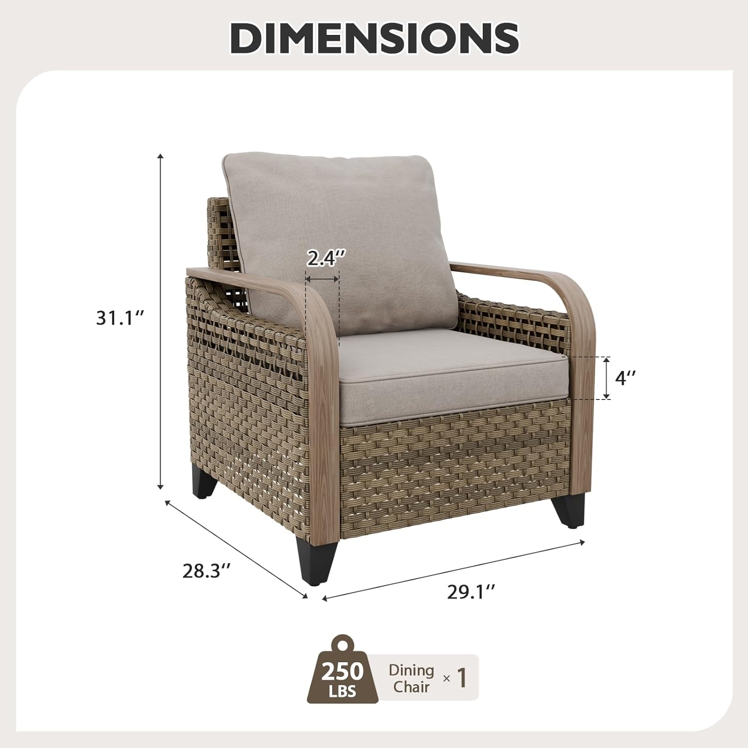 EAGLE PEAK Modern Wicker Outdoor Chair, Patio Chair Curved Armrest, Rattan Patio Furniture for Yard Deck Porch Garden, 1 Chair, Brown/Gray
