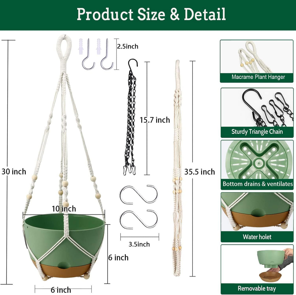 Hanging Planter Self Watering 10 Inch, 2 Pack Indoor Outdoor Hanging Baskets, Hanging Flower Pots with Drainage Hole & 2 Kinds of Plant Hangers for Garden Home Decor(Green)…