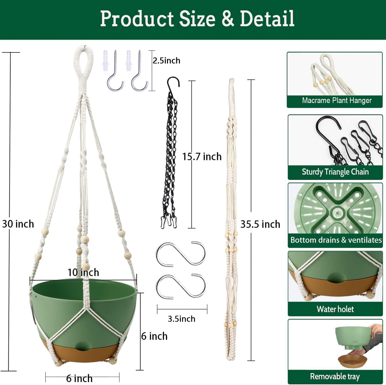 Hanging Planter Self Watering 10 Inch, 2 Pack Indoor Outdoor Hanging Baskets, Hanging Flower Pots with Drainage Hole & 2 Kinds of Plant Hangers for Garden Home Decor(Green)…