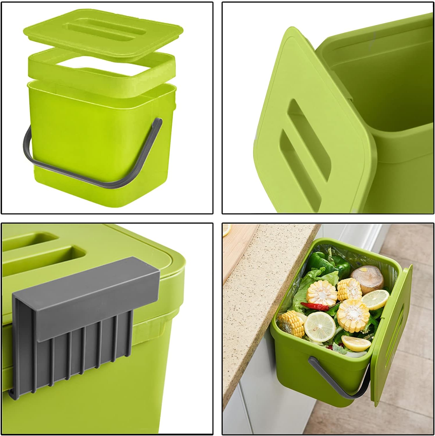LALASTAR 1.8 Gallon Hanging Trash Can, Green, Plastic, Compost Bin Indoor Kitchen Sealed, Small Trash Can with Lid, Mountable