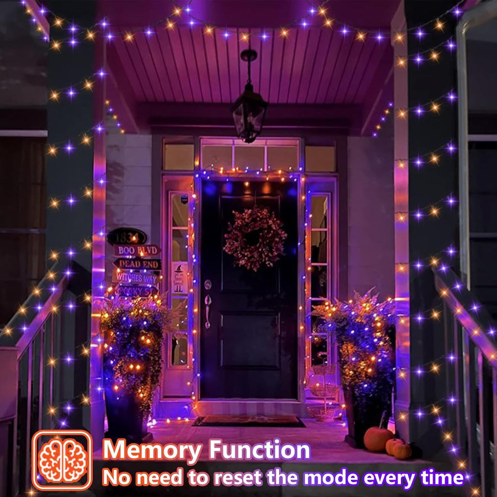 YEGUO Orange and Purple Halloween Lights Outdoor Waterproof, 4 Packs Each 33ft 100 LED Solar Fairy Light,8 Modes Black Wire String Lights