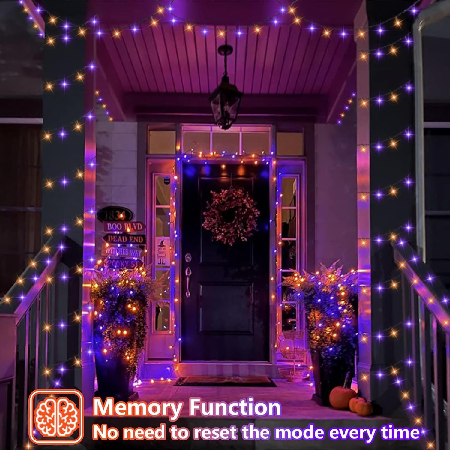 YEGUO Orange and Purple Halloween Lights Outdoor Waterproof, 4 Packs Each 33ft 100 LED Solar Fairy Light,8 Modes Black Wire String Lights