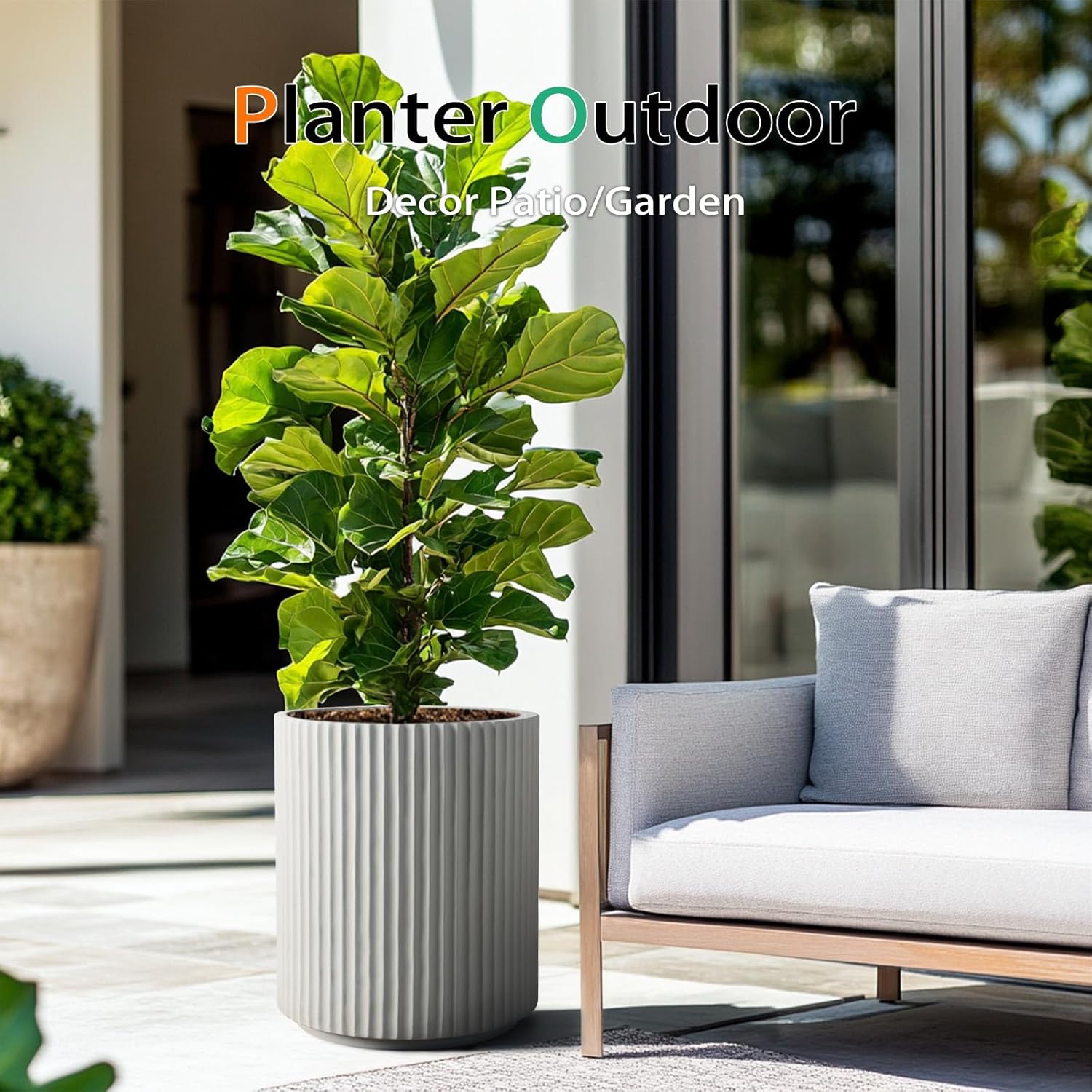 Round Concrete Planter Outdoor Indoor, Large Cement Plant Pots for Flowers (Vertical Gray, 16 inch)