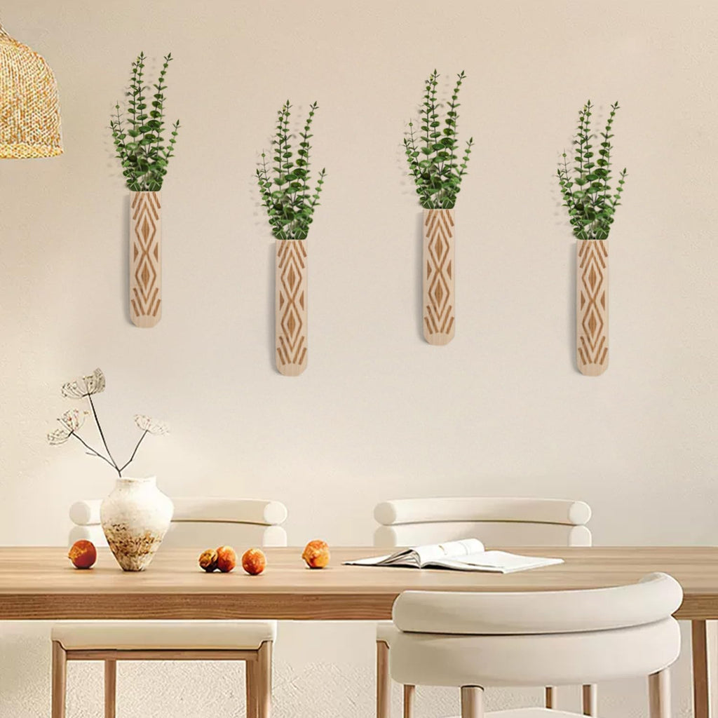 Wooden Wall Planter Set of 4 - Modern Bohemian Home Decor for Living Room, Bedroom, Bathroom - Beige Finish Planter for Dried Flowers, Faux Greenery, Indoor Plants