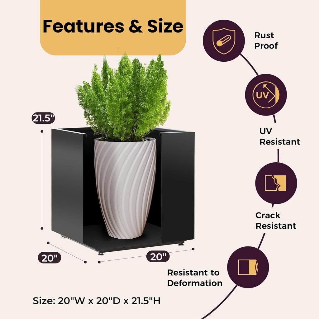 Large Metal Outdoor Planter Box 20Wx20Dx21.5H, Galvanized Steel Cube Planters for Outdoor Plants, Easy Assembly - 5mins Quick Install, Large Square Flower Pot for Patio, Deck, Garden, Yard, Black