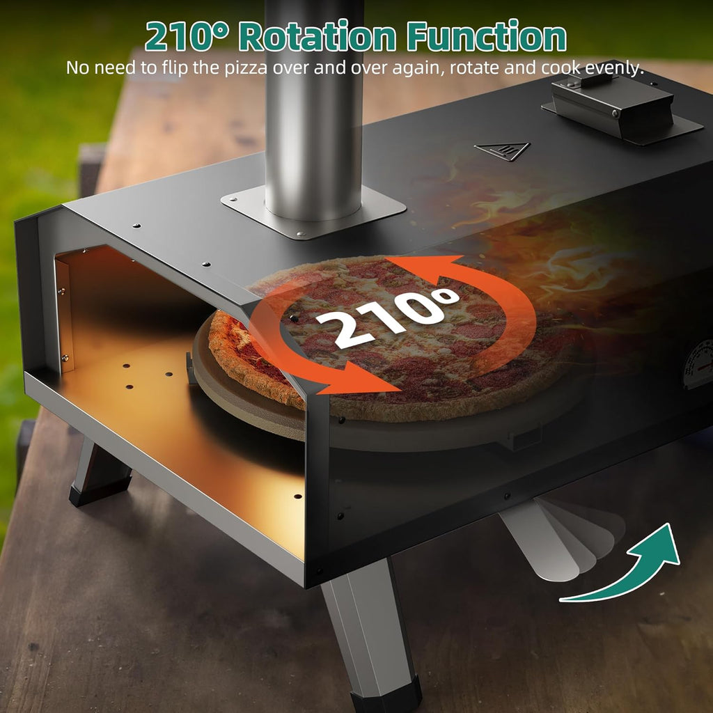 YTIAHOME Outdoor Wood Pellet Pizza Oven with Rotating, 12" Wood Fired Pizza Oven with Built-in Thermometer, Outside Pizza Stove with Peel, Stone and Recipes for Backyard Camp
