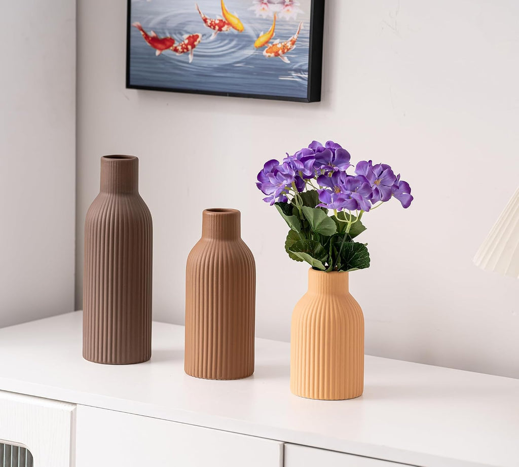 Ceramic Vase Set of 3, Flower Vases for Spring Room Decor, Kitchen Farmhouse, Modern Boho Style(Brown/Dark Brown/Orange)