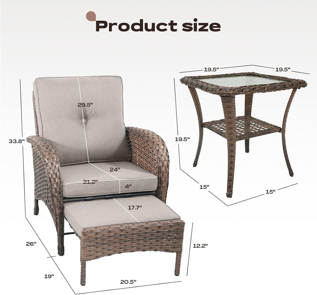 5 Piece Patio Furniture Set - Wicker Balcony Furniture Set with Hidden Ottomans, Rattan Outdoor Patio Chairs with Side Table for Porch Deck Poolside Garden Brown/Beige