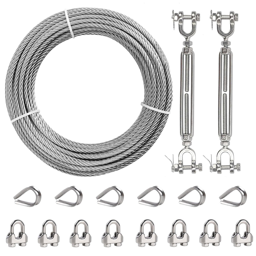 1/4" Wire Rope Kit, 50ft Stainless Steel Cable with 2Pcs 1/4 Turnbuckle, Clamp & Thimble, 7x19 Strands Heavy Duty Metal Cable,1400 lbs Load Limit, Turnbuckles for Cables Wire, Zipline