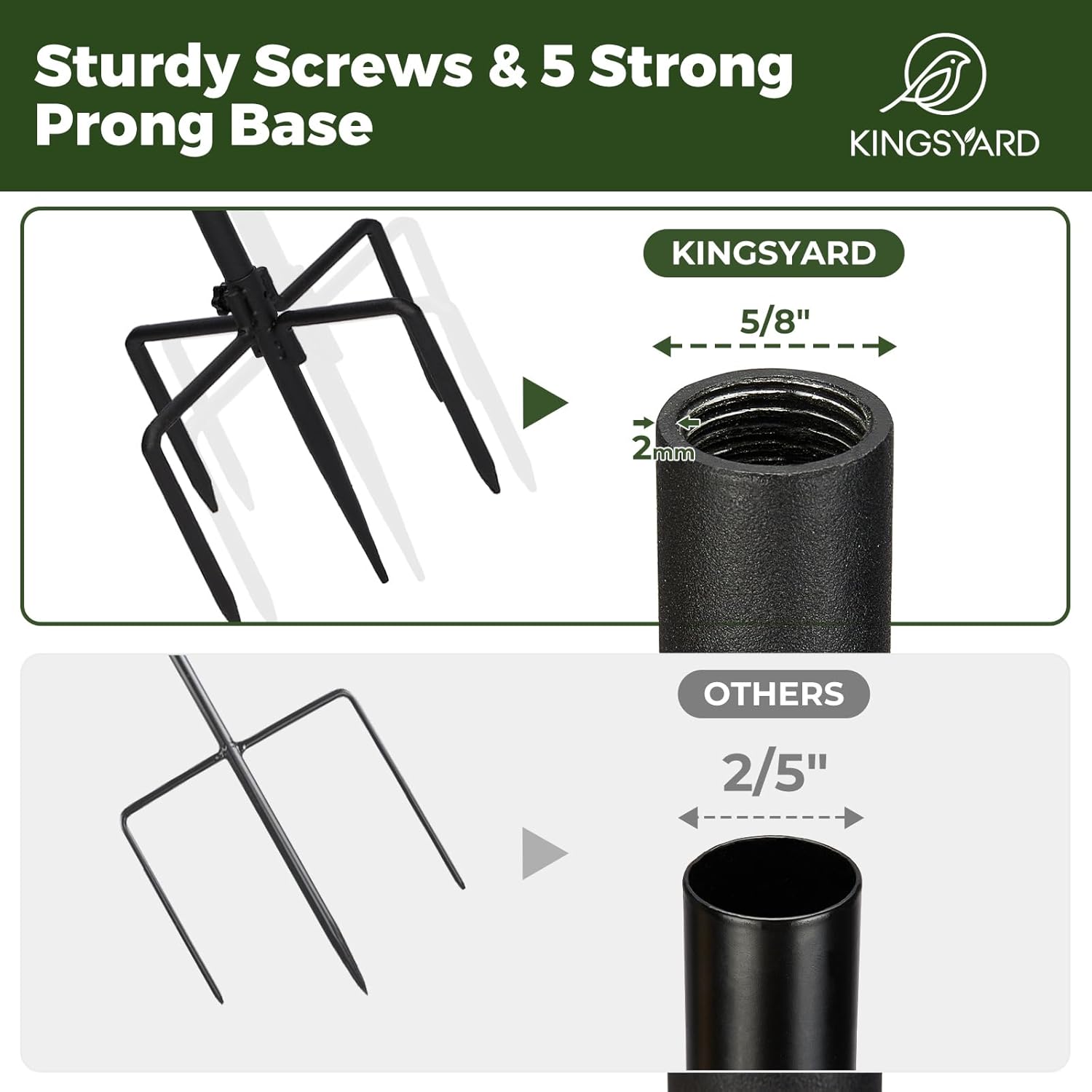 Kingsyard 2 Pack Adjustable Shepherd Hooks for Outdoor - 60 INCH Heavy Duty Bird Feeder Pole with 5 Prong Base, Hummingbird Feeder Stand, Garden Plant Baskets, Weddings Decor, Solar Light Lanterns