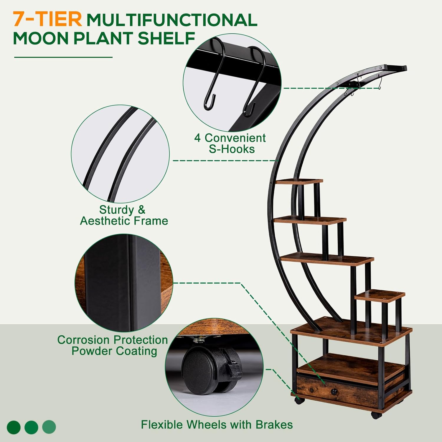 7-Tier Half Moon Indoor Plant Stand with Lockable Wheels, 71” Tall Plant Shelf with Drawer & Accessories, Plant Holder Display Rack for Multi-plants, Plant Rack for Patio Balcony Living Room (Half Moon)