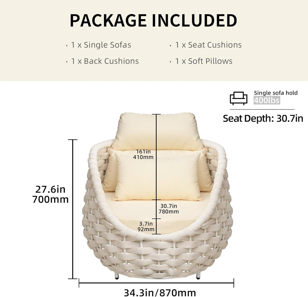 TWT 6 Pieces Patio Sofas, All-Weather Olefin Rope Balcony Furniture with Cushions & Pillows, Patio Couch Outdoor Patio Furniture Set for Indoor, Balcony, Backyard, Deck, Poolside, Cream